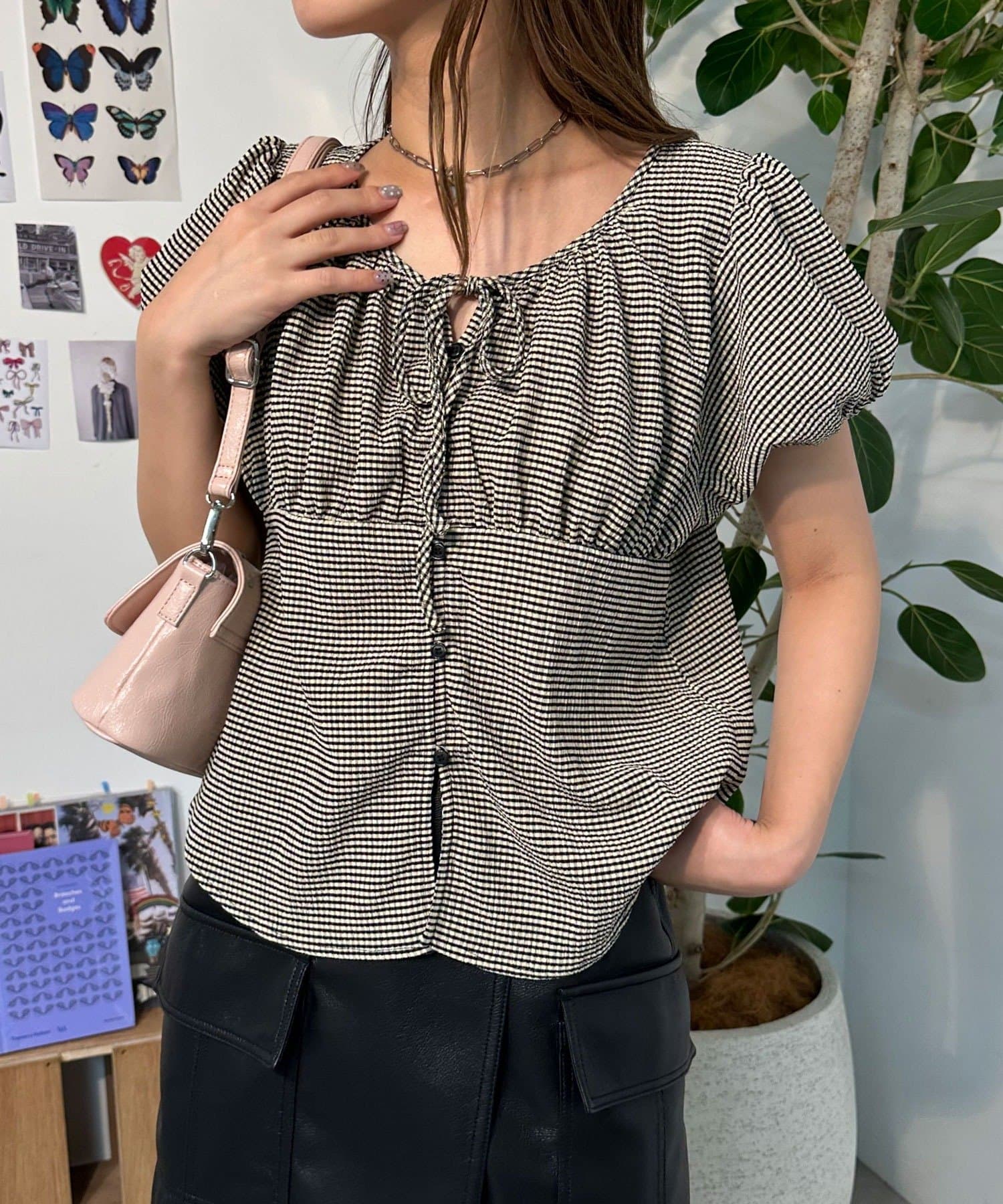 neutral】ギンガムチェックパフスリーブリボンブラウス | CIAOPANIC