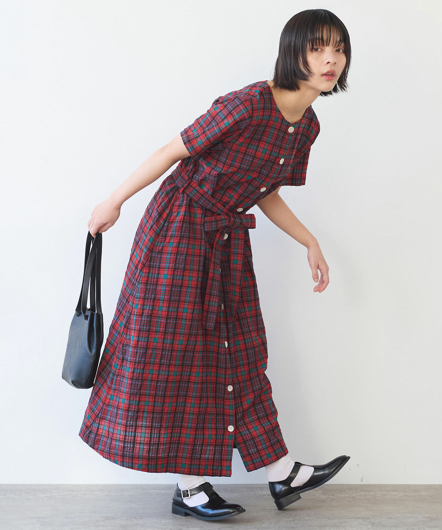 AMBIDEX Store 〇 サッカー タータンチェック ワンピース(F アカ