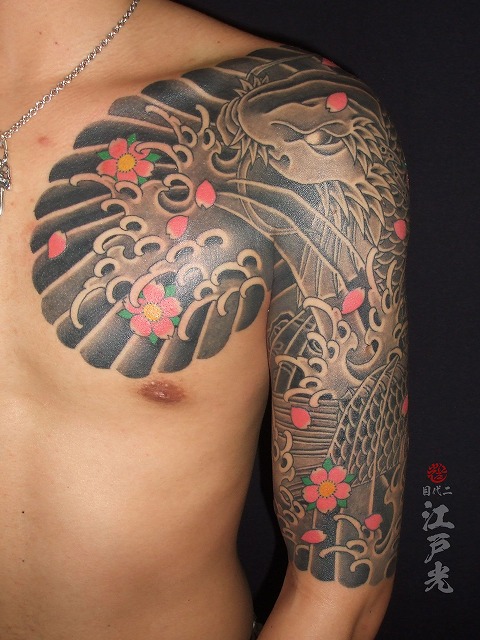 龍、化け鯉、登竜門、桜、額彫りひかえカイナ五分の刺青タトゥー：東京