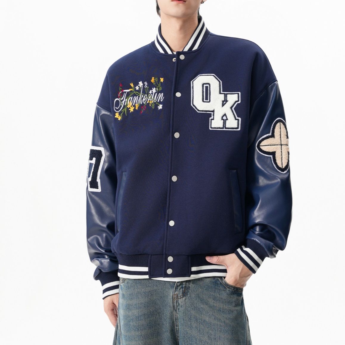 スタジャン 文字刺繍入り袖切替青ベーススタジアムジャンパー 青