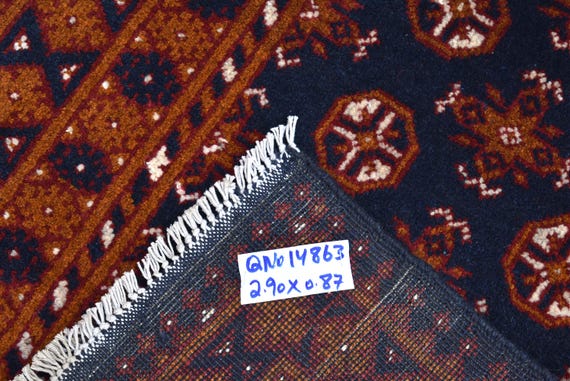 ヴィンテージ トルクメン ボハラ ランナーラグ、3x10 ネイビーブルー