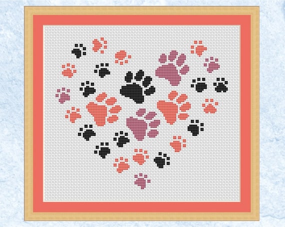足跡のハートのクロスステッチパターン、犬好き、猫好き、虹の橋