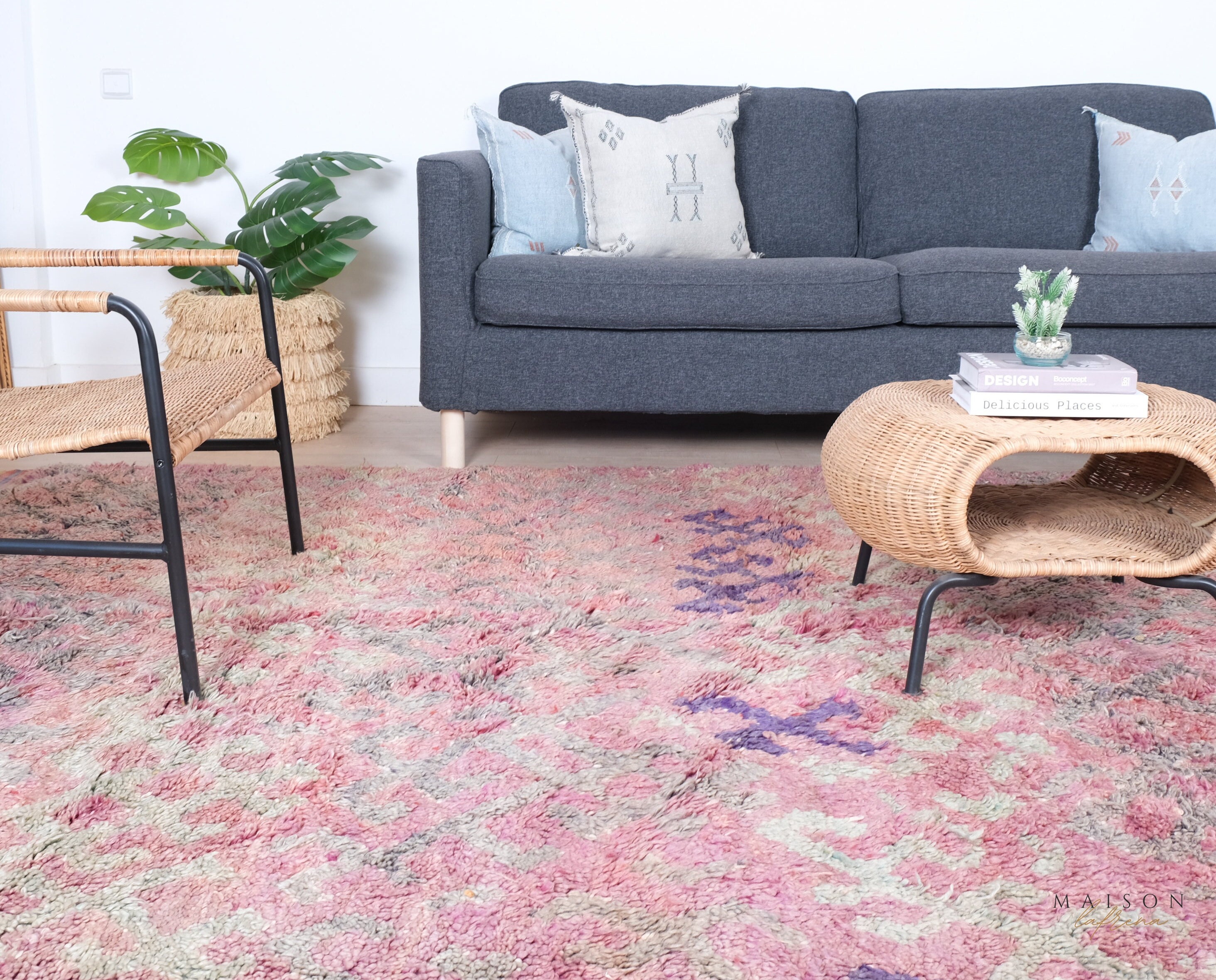 ヴィンテージパープルタルシントラグ、本物のモロッコラグ、7 x 14