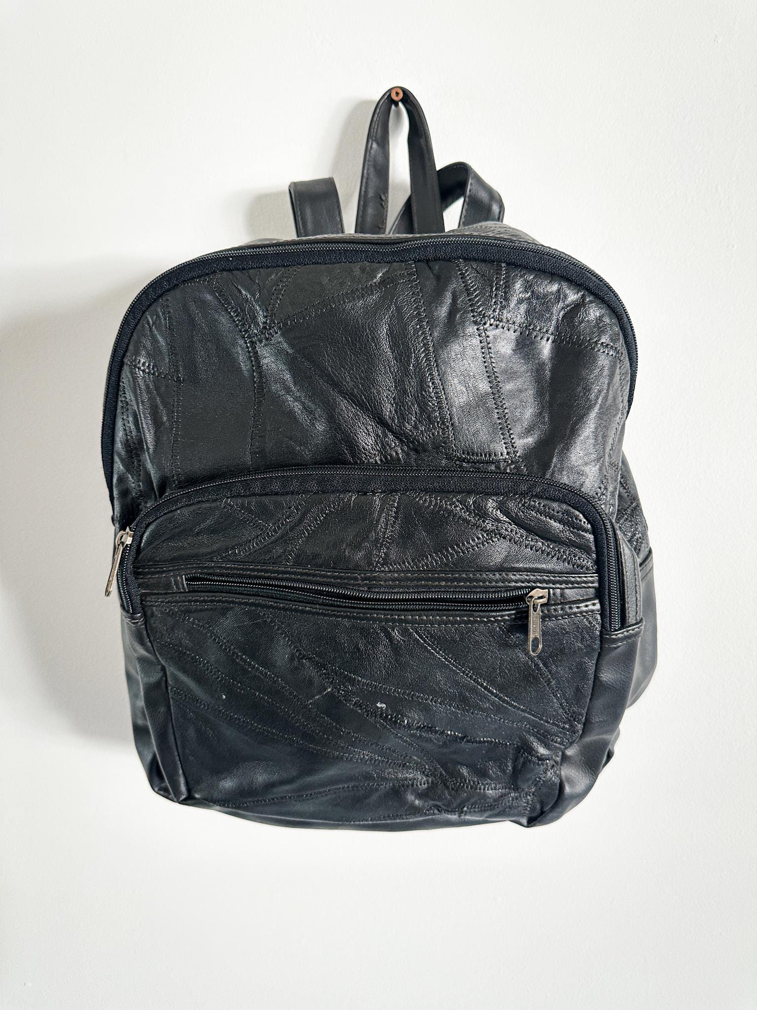 90s Leather Patchwork Black Backpack | Leather Front Zipper