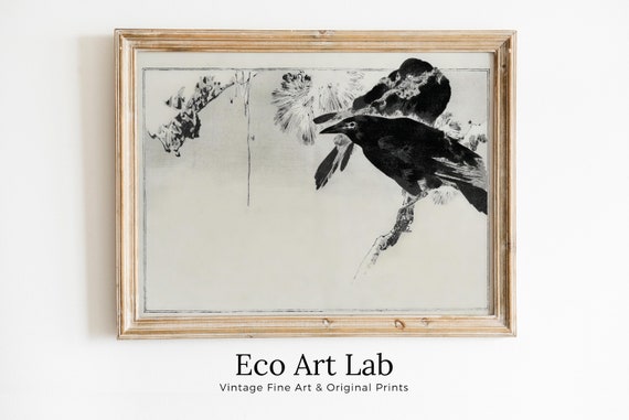 日本画 枝にとまるカラス ヴィンテージウォールアート 印刷用ポスター