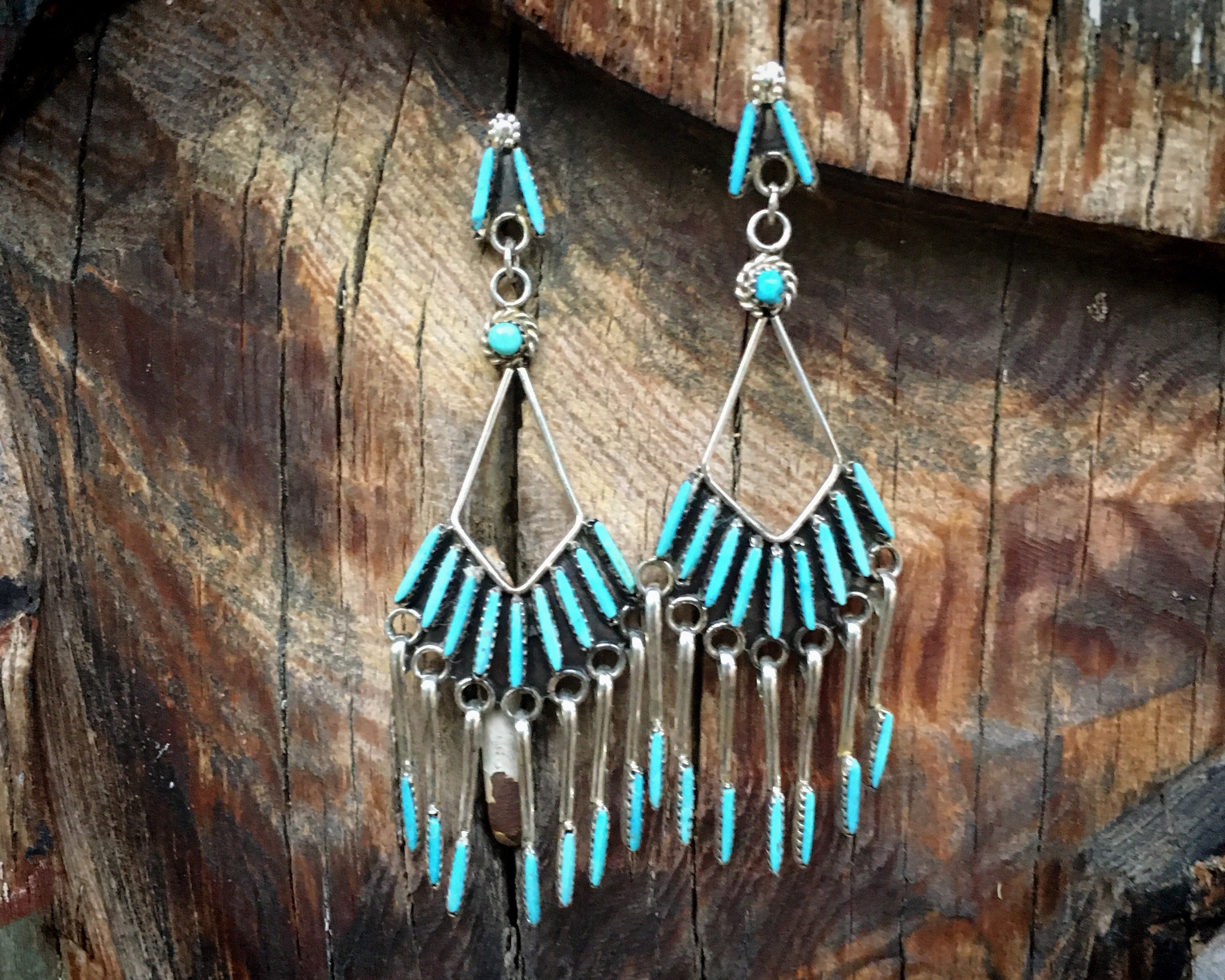 2-1/2 Zuni Needlepoint Turquoise Earrings, Native American Indian