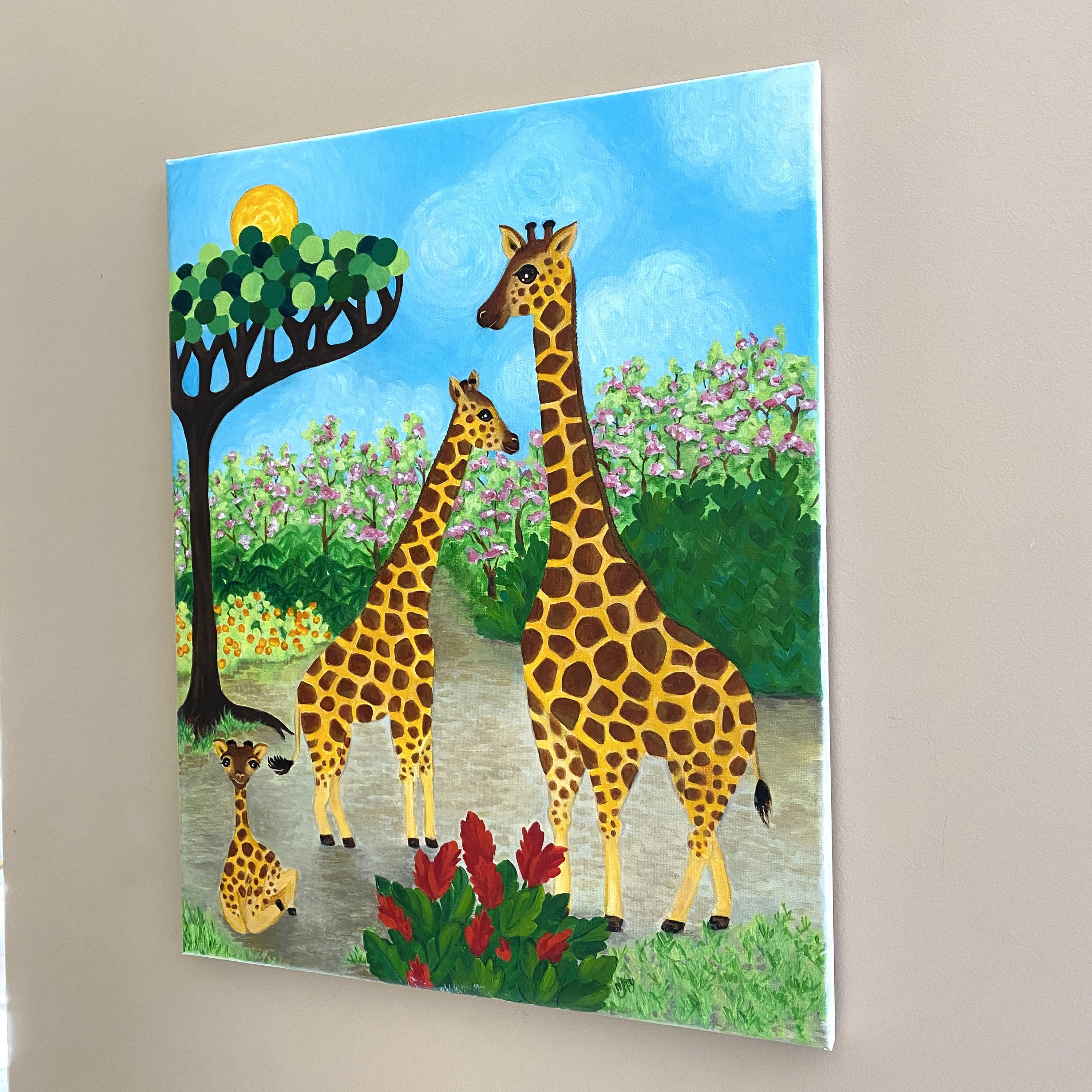 キリンファミリーアート、気まぐれなアクリルキリン絵画、自宅