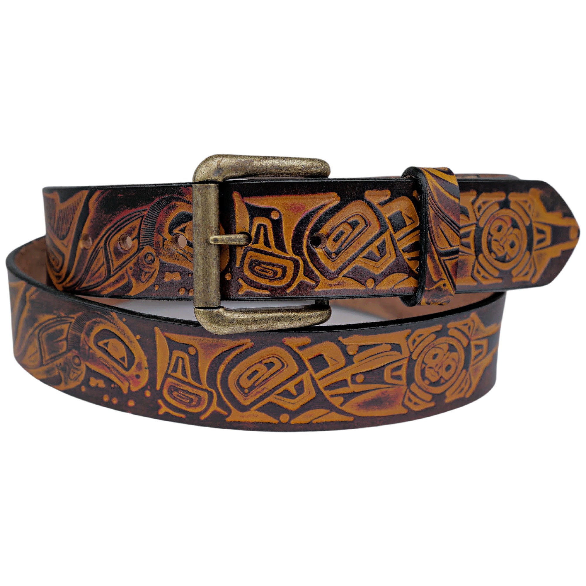 Raven and Salmon Leather Belt With Northwest Native Design - Danny