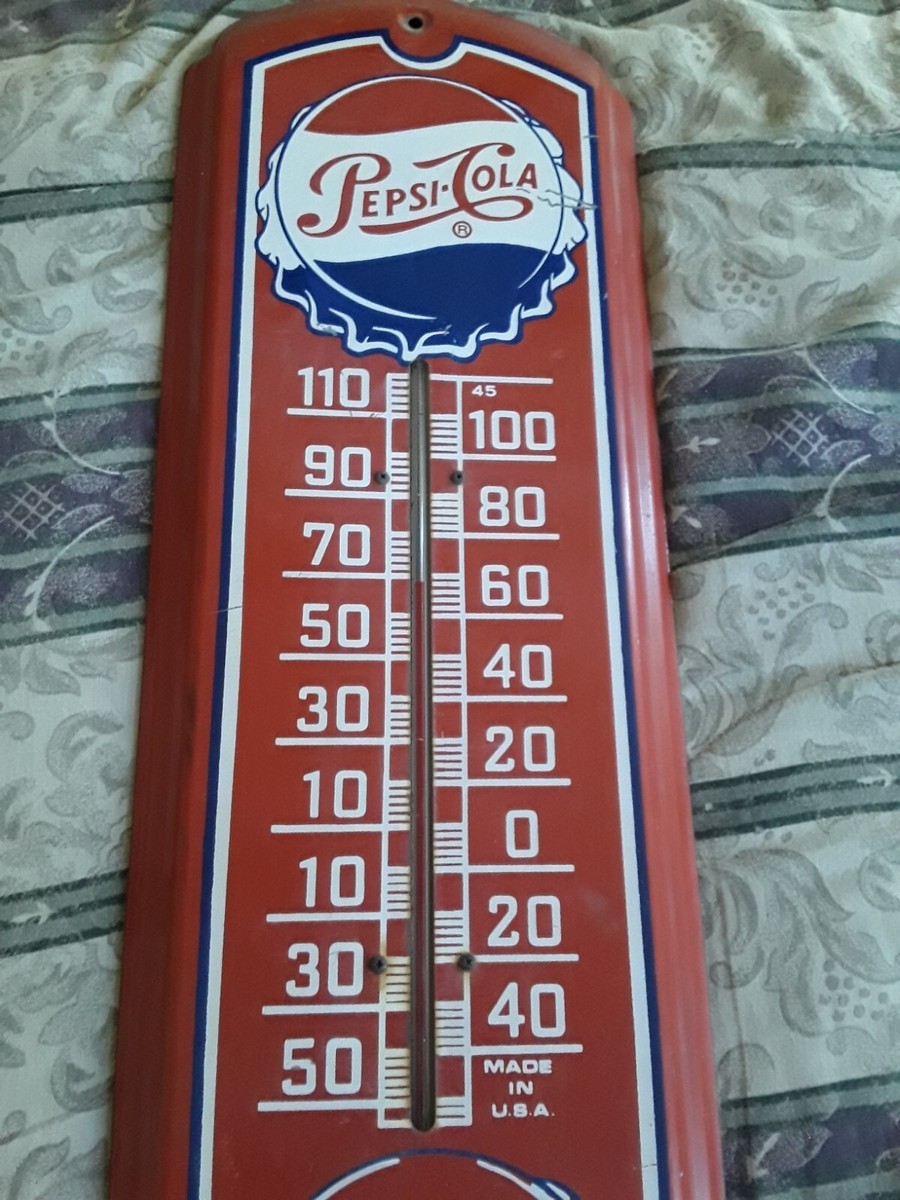 Vintage Retro Pepsi Cola Thermometer, Made In USA Metal Sign Red