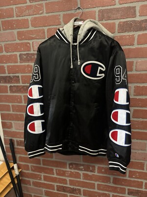 Supreme x Champion FW18 Hooded Satin Varsity Jacket Black - Medium