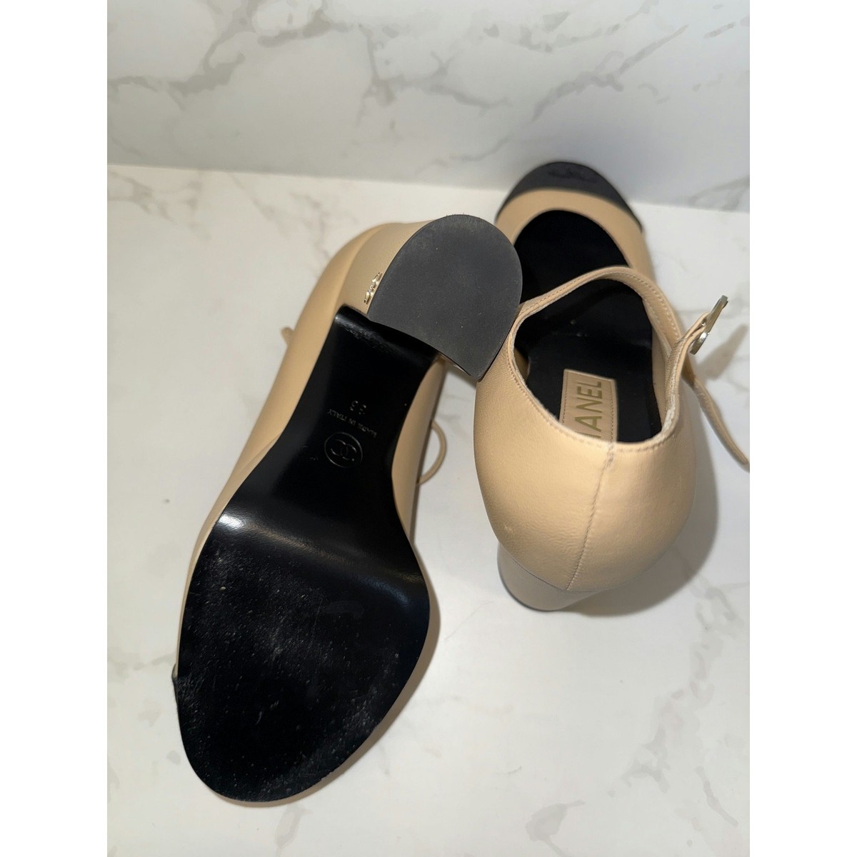 Chanel Women's EUR 36 Beige Leather Signature Logo Platform Mary