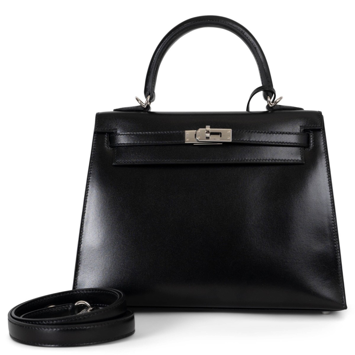 71356 auth HERMES black Box leather KELLY 25 SELLIER Bag Phw | eBay