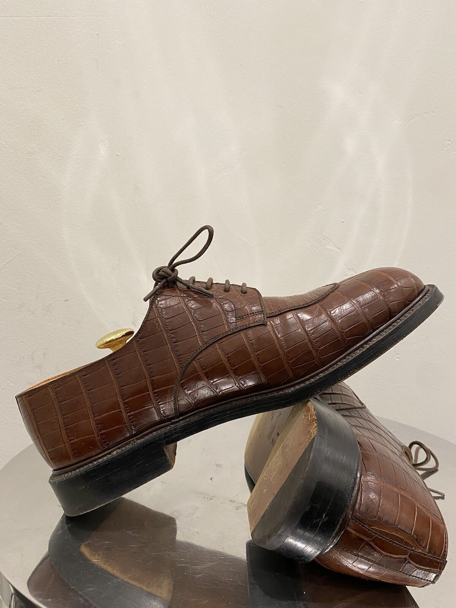 JM Weston Mens Shoes 598-22 Derby Demi Chasse Brown Full Crocodile