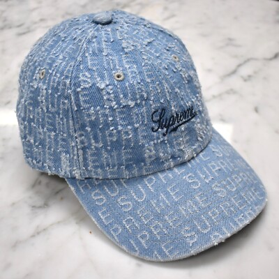 Supreme Needle Punch Denim 6-Panel Script Logo Hat Cap Light Blue