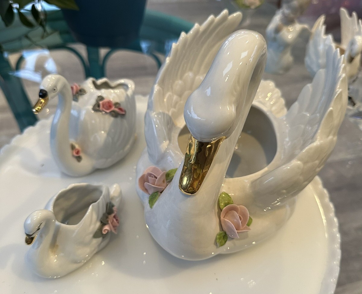 Vintage Dresden Porcelain Swans 3PC White & Gold w/ Roses Large