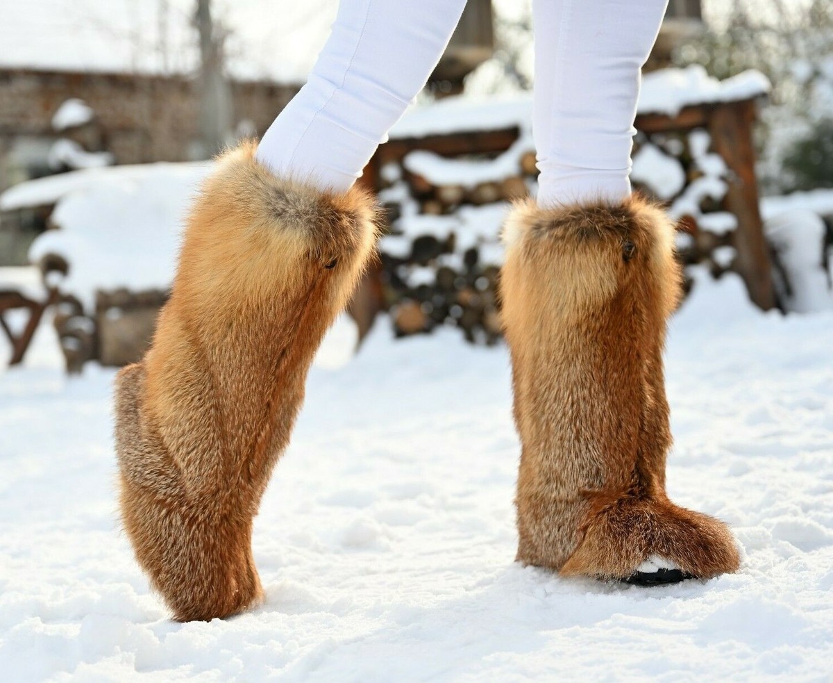 High Fox Fur Boots for Women, Moutons, Mukluk Womens Winter Snow