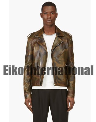 Men Leather Biker Jacket Mens Camouflage Real Classic Camo