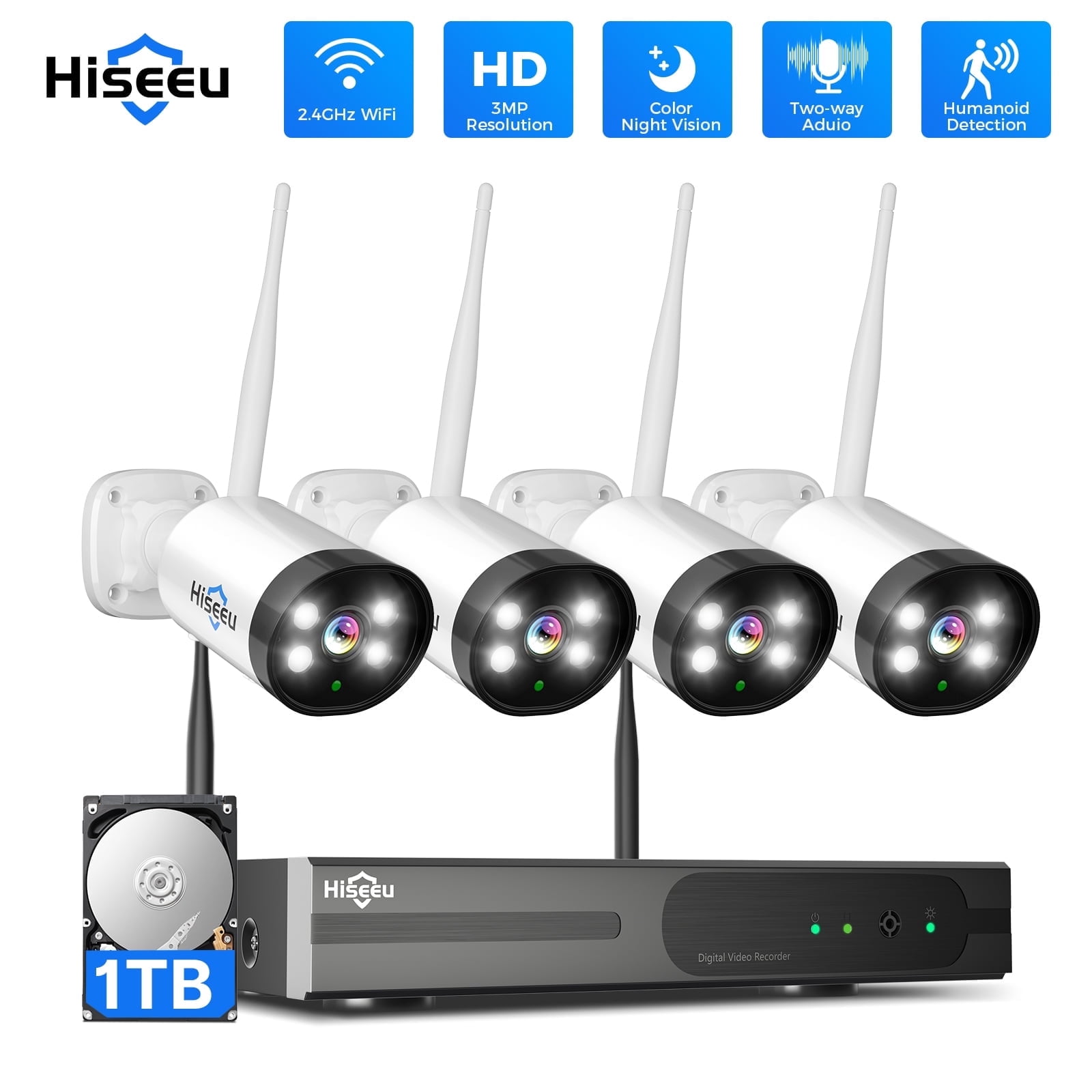 Hiseeu Outdoor Wireless Security Camera System, 4-Pack 3MP with