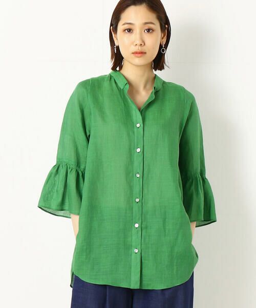 セール】 【ウォッシャブル】竹シャンブレー 袖フレアブラウス