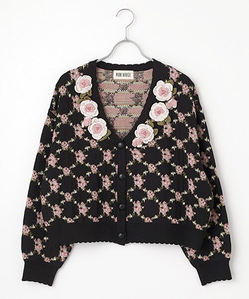 セール】 ローズモチーフ使いジャガードニットカーディガン