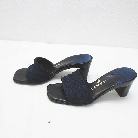 シャネル CHANEL サンダル ミュール ココマーク 刺繍 36 ブルー 青