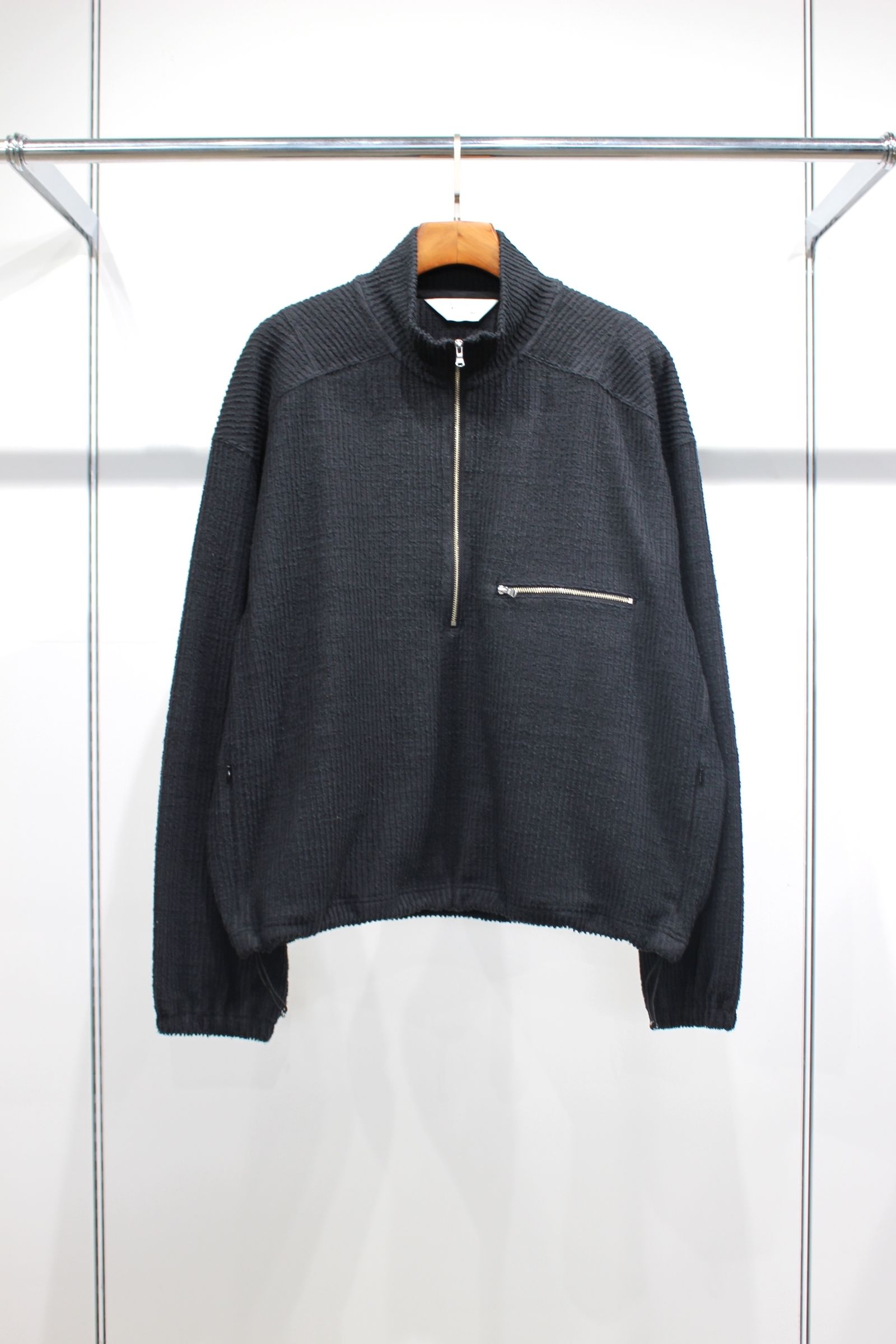 ANCELLM - CUT STRIPE HALF ZIP PULL OVER SHIRT | BLACK | ハーフ