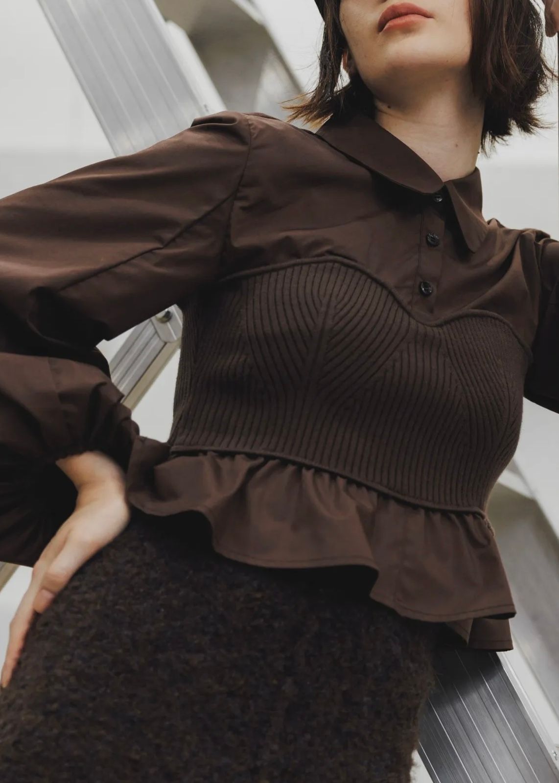 WILLFULLY - knit bustier docking peplum BL / ニットビスチェ