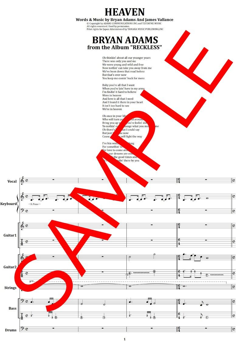 ブライアン・アダムス(BRYAN ADAMS) / HEAVEN(ヘヴン) バンド・スコア(T