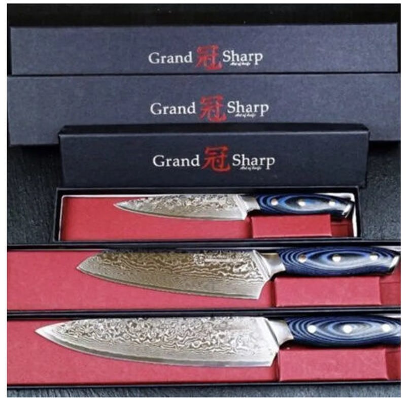 Grandsharp 3ピースダマスカスナイフセット67層日本ダマスカス模様