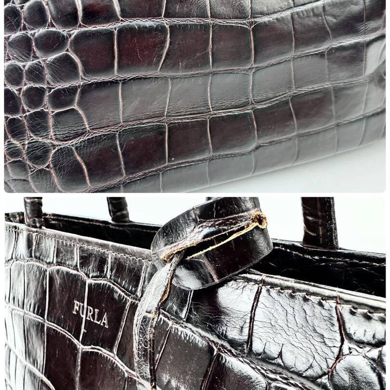 フルラ クロコ型押し ハンドバッグ ダークブラウン ビジネス