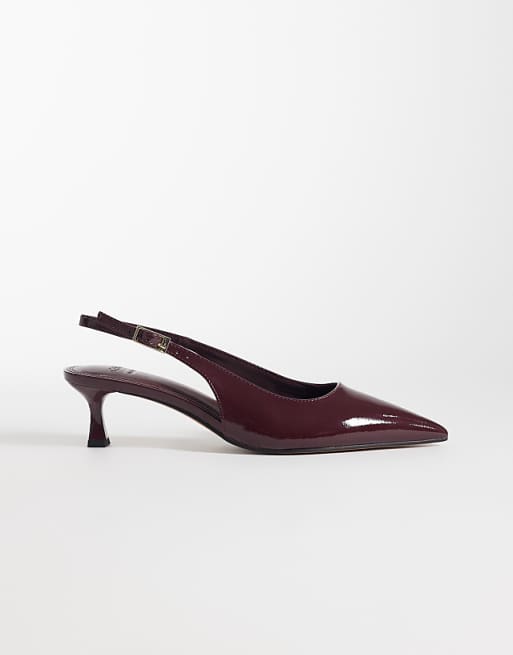 ASOS DESIGN Skip slingback kitten heel shoes in burgundy patent | ASOS