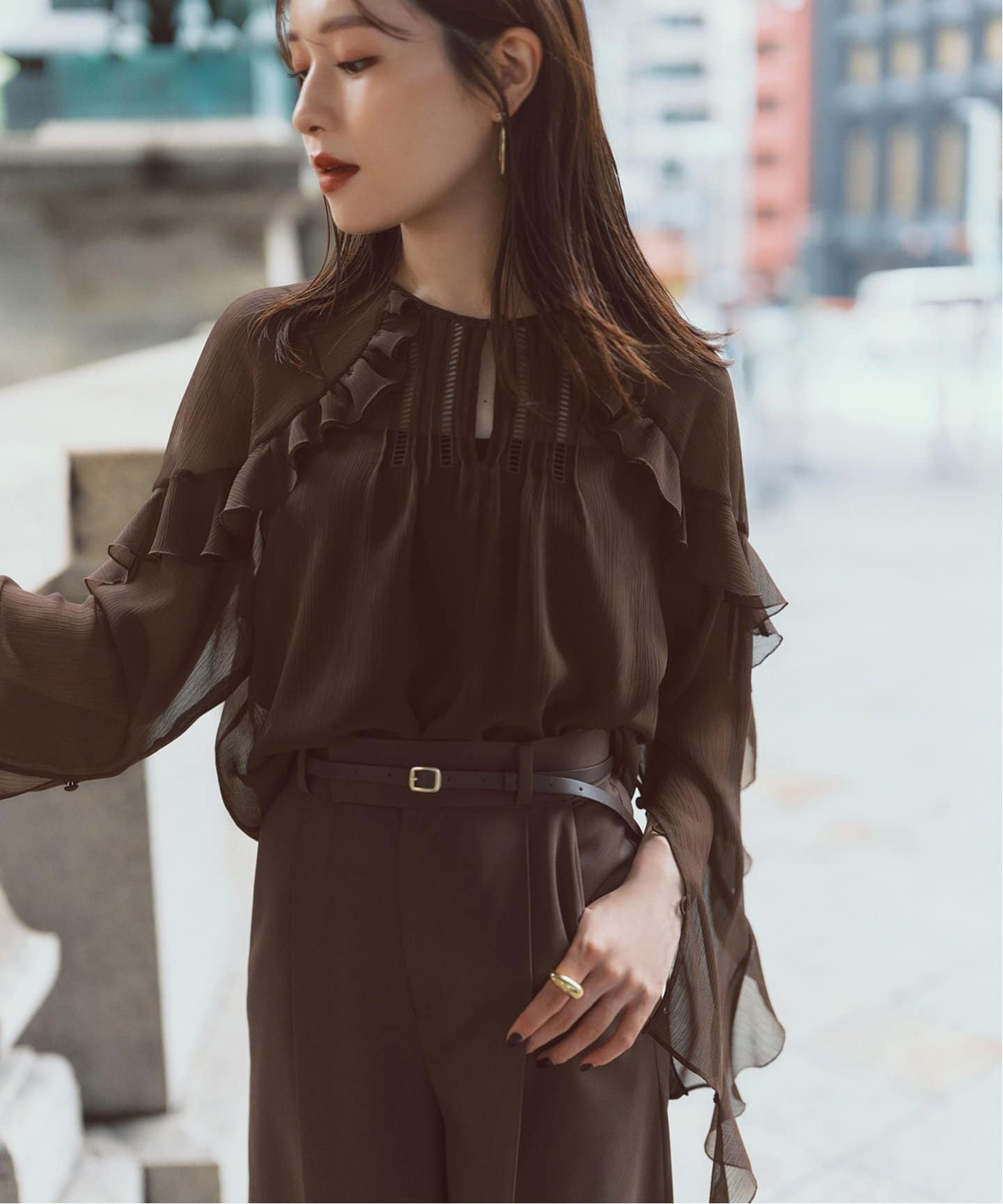 追加》【NOBLE×L'AUBE BLANC】楊柳フリル梯子刺繍ブラウス（シャツ