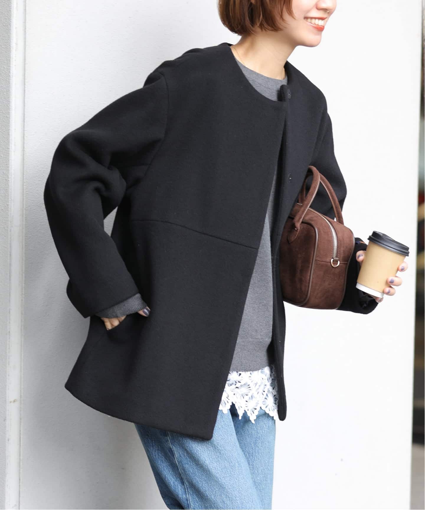 追加》スーパーファインビーバークルーネックコート（ノーカラーコート