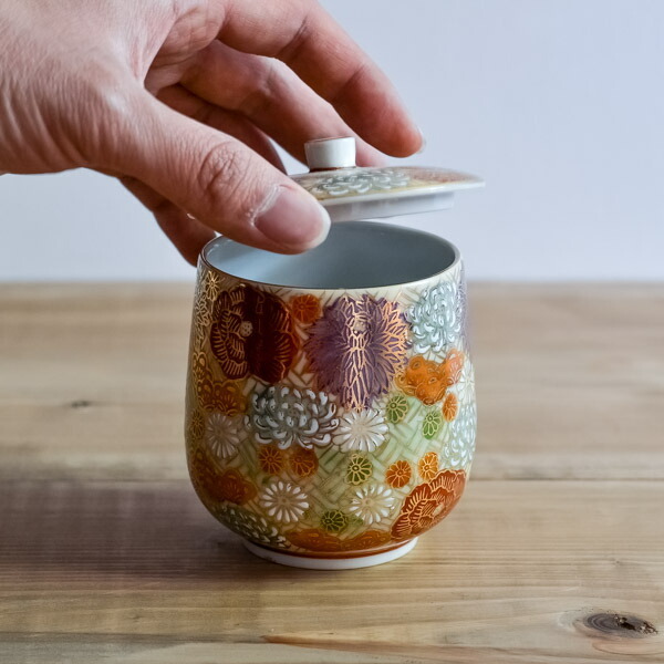 九谷焼 蓋付湯呑 専用木箱 花詰 ( 即日発送 木箱名入れ有料 退職祝い