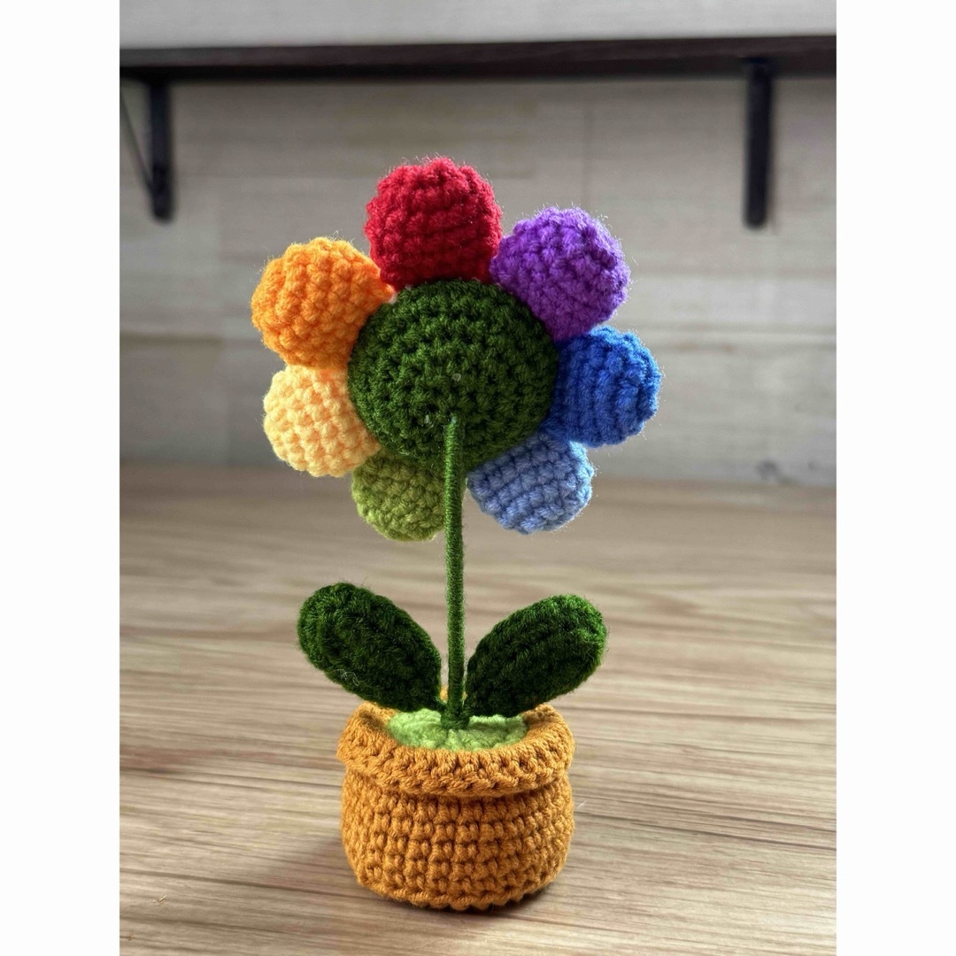 ハンドメイド かぎ針編み あみぐるみ 虹の花と虹ハートの鉢植え セット