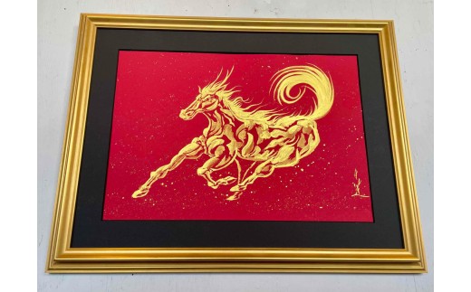 現代水墨画家 絵師白道「丙午 龍馬」赤ゴールド｜絵画 アート