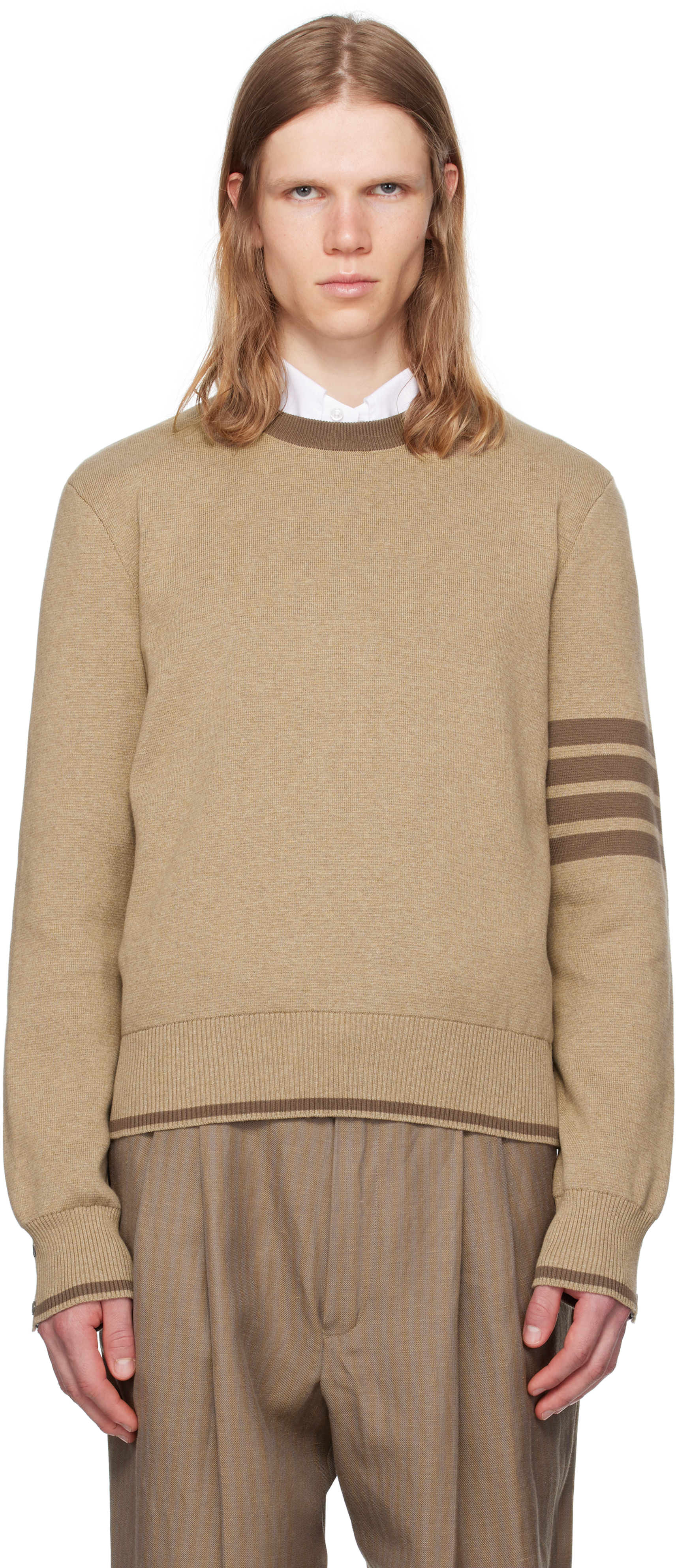 Brown Milano Stitch 4-Bar Pullover Sweater by Thom Browne on Sale