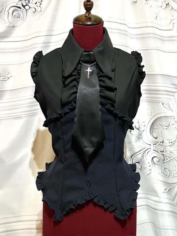 カメオタイ付き後編み上げブラウス：黒×白フリル-メンズLL - MARBLE