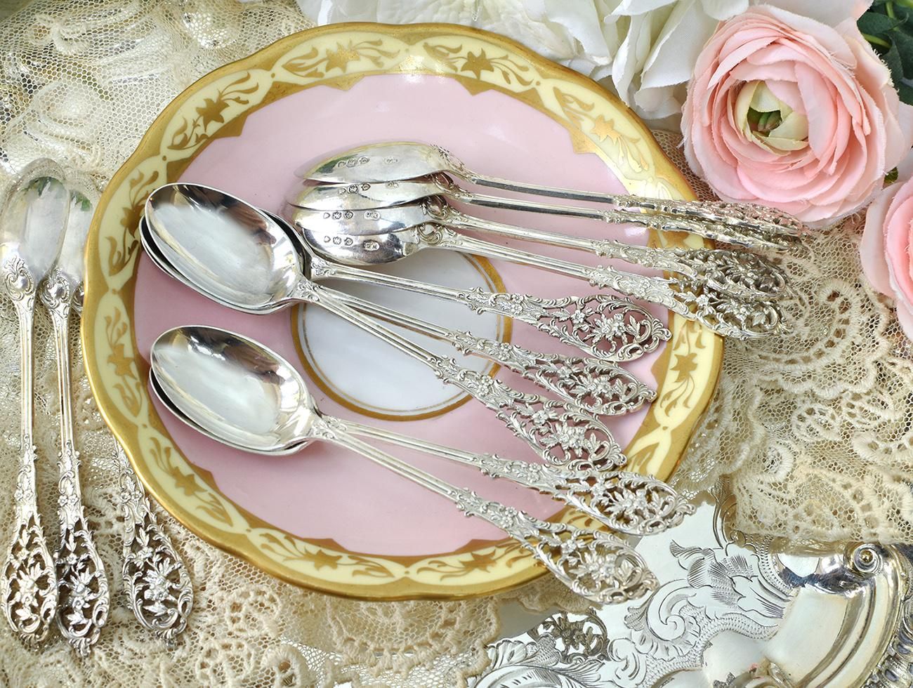 英国アンティークシルバー【純銀】1898年 ティースプーン箱入り12本