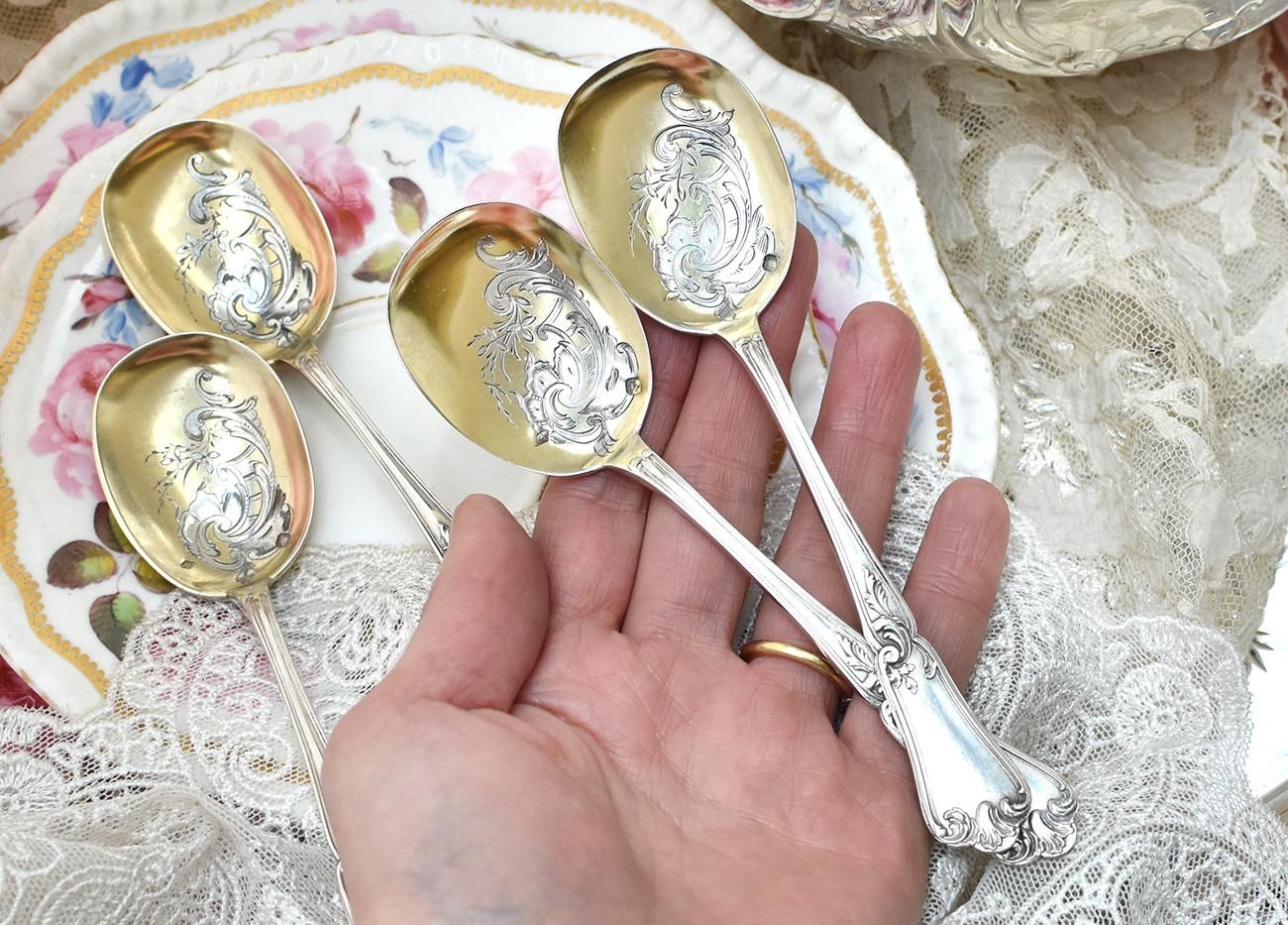 仏アンティーク銀器【銀950】アイスクリームスプーン2本 - Edwardian