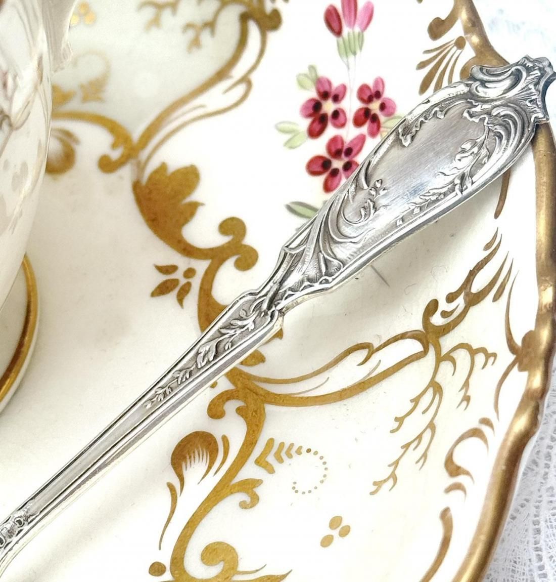 仏アンティーク銀器【銀800】両面装飾 ティースプーン4本セット