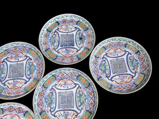 大聖寺伊万里 金襴手 龍に鳳凰 寿紋図 縁高4寸皿 5枚セット