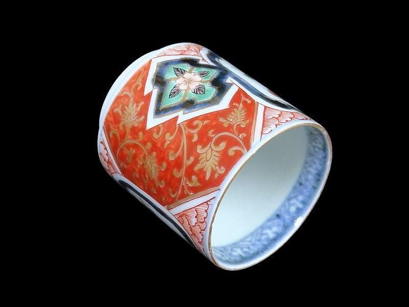 古伊万里 色絵 窓絵金唐草に花図 のぞき 猪口