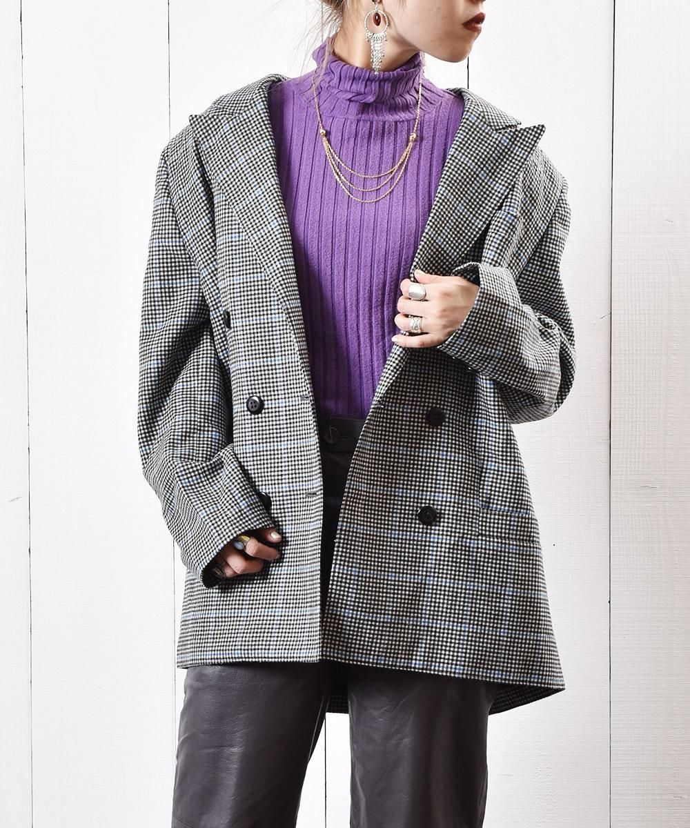 千鳥格子柄 ダブル テーラード ジャケット - 古着屋グレープフルーツ