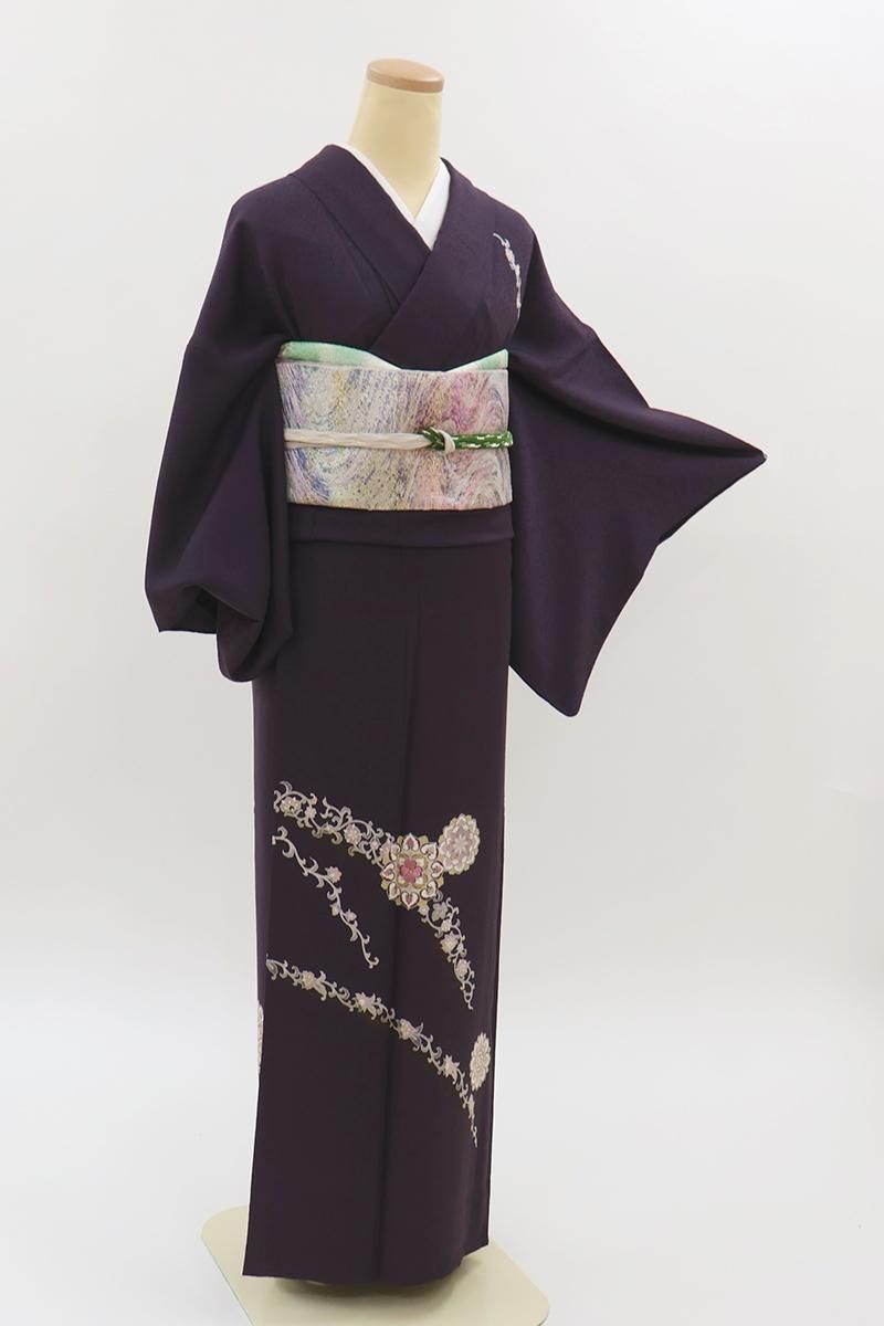 銀座【B-4206】単衣 付下げ 茄子紺色 花唐草に華文 :身丈161/裄67/細め
