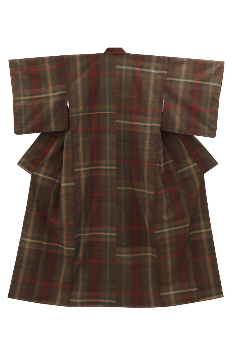 銀座【着物4645】郡上紬 鶯色 格子暈かし（証紙付）：身丈159/裄68