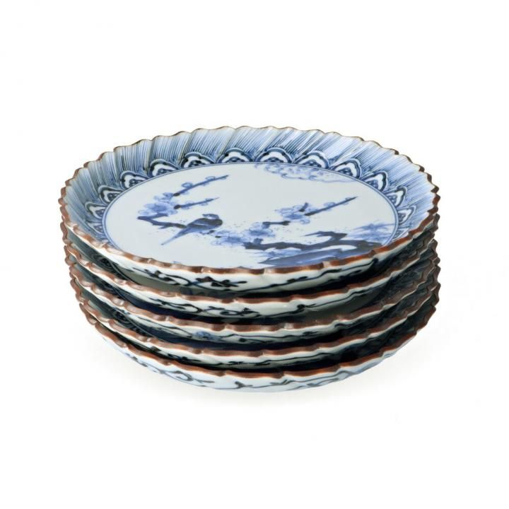 取皿揃 藍九谷梅鳥図 | 5枚セット / 山本長左 | 九谷焼専門店の陶らいふ