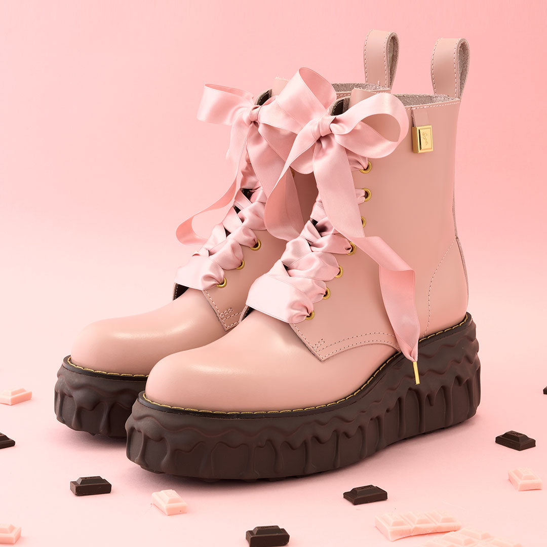 Melting Chocolate Satin Ribbon Lace Up Leather Boots (Pale Pink