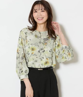 L】ルミナスフラワープリント 8分袖シャーリングブラウス