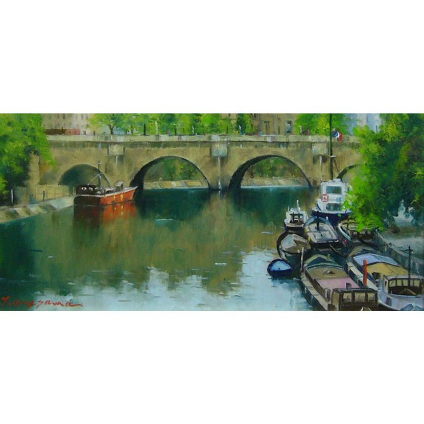 絵画 梅沢民雄 肉筆油絵 風景画 水辺 パリ セーヌ河 送料無料 : アート